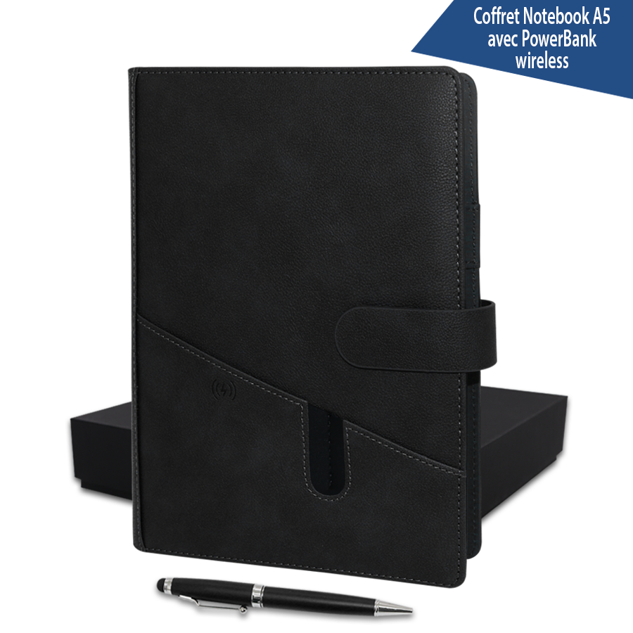 coffret note book a5 avec powerbank wireless