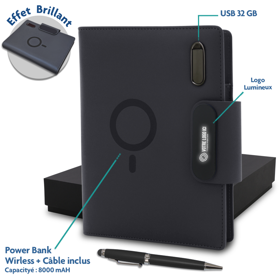coffret note-book publicitaire avec powerbank et usb