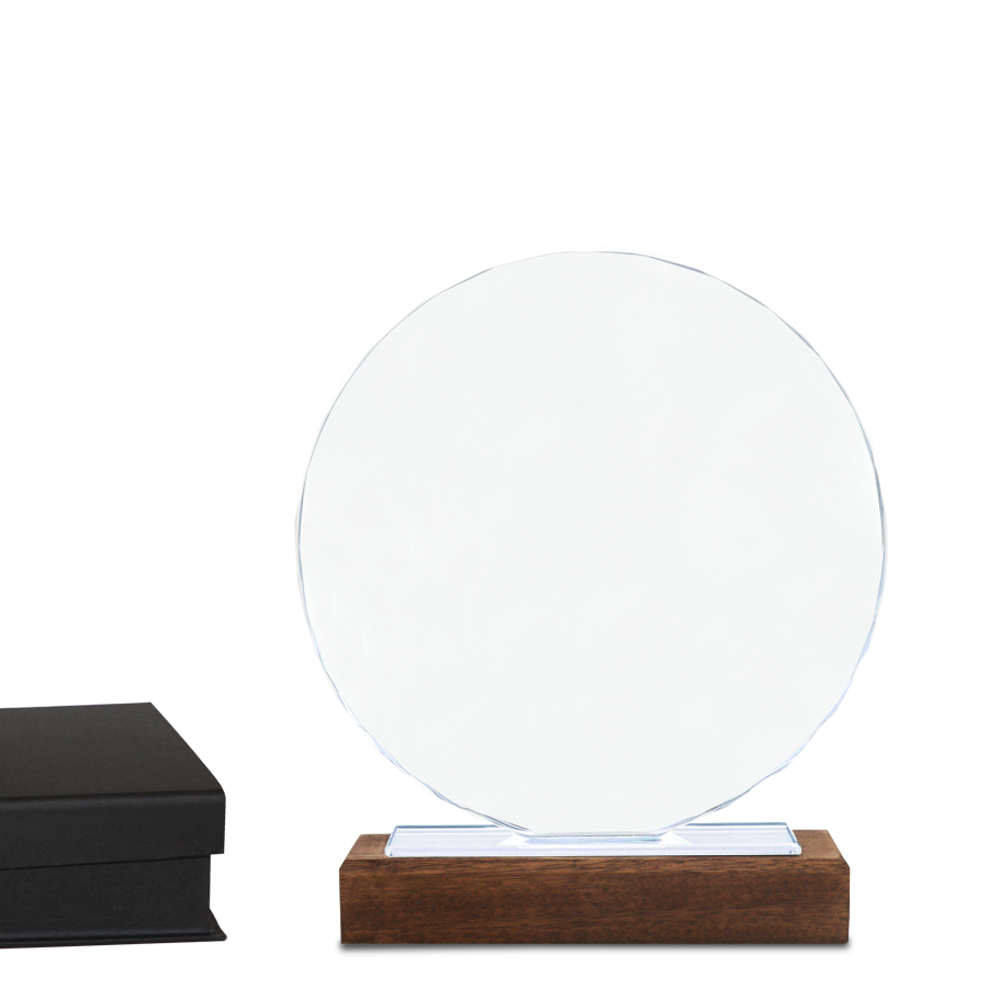 trophées rond en verre et socle en bois